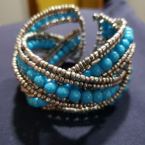 Silver and turquoise beaded cuff bracelet